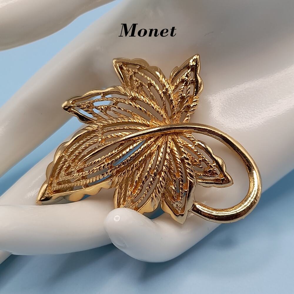 Vintage Monet Gold Plated Maple Leaf Brooch, 2 Inches, 1980s